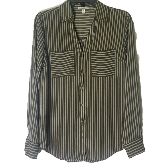 Maurices Tops - Maurice's XS Green Cream Striped Blouse Roll Tab Sleeve Button In Front‎ Pocket